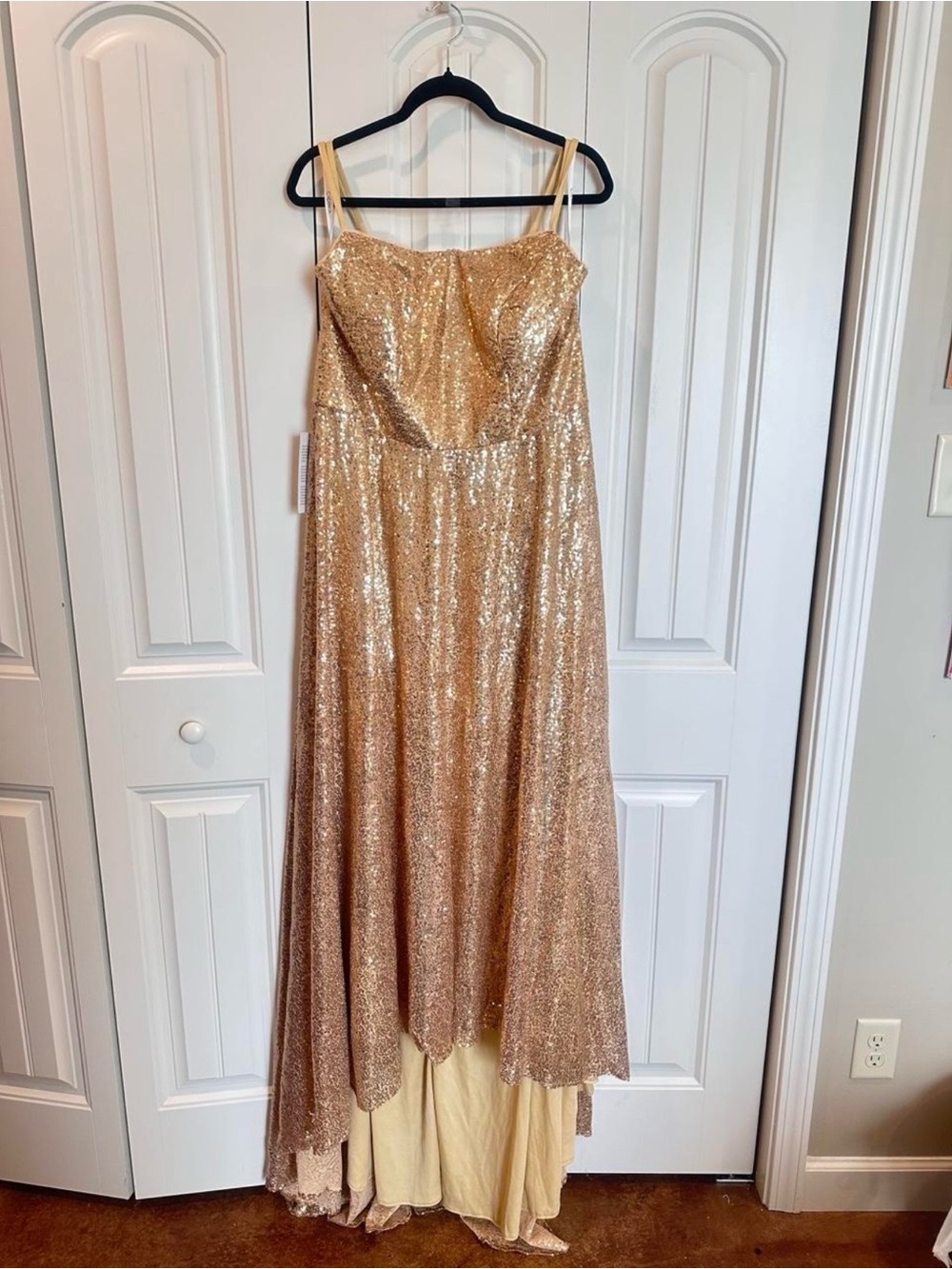 Gold Sequin Evening Dress with train and with Spaghetti Straps